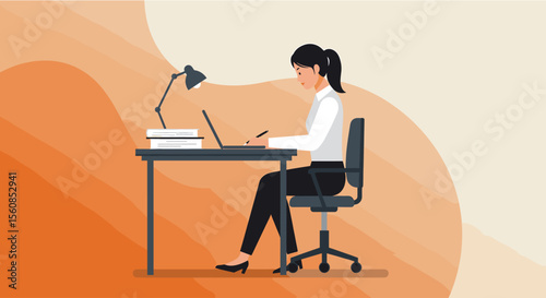 a woman sitting at a desk, working on a laptop with a lamp on the side, and surrounded by books and papers. Suitable for landing page, banner, marketing, web design, presentation, infographic, etc.