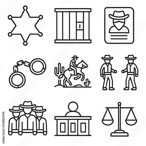 Cowboy Justice Icons. Outline style icons of Cowboy Justice: sheriff badge, jail bars, wanted notice, outlaw handcuff, desert