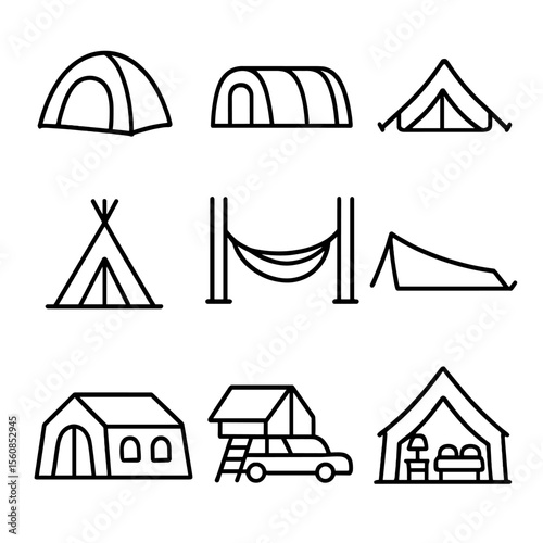 Tent Type Icons. Outline style icons of Tent Types: dome tent, tunnel tent, pop-up tent, teepee tent, hammock tent, single-person
