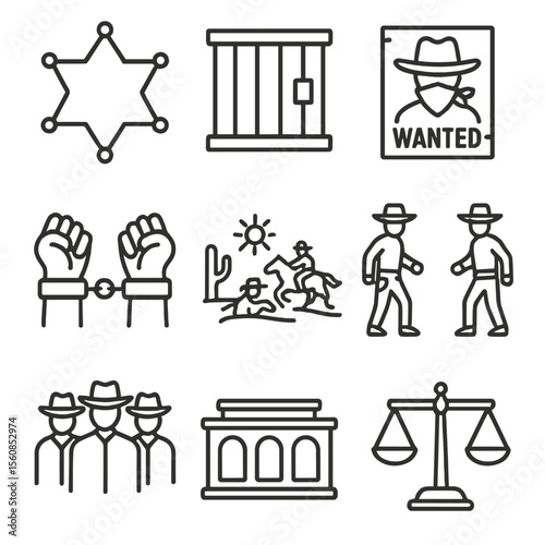 Cowboy Justice Icons. Outline style icons of Cowboy Justice: sheriff badge, jail bars, wanted notice, outlaw handcuff, desert