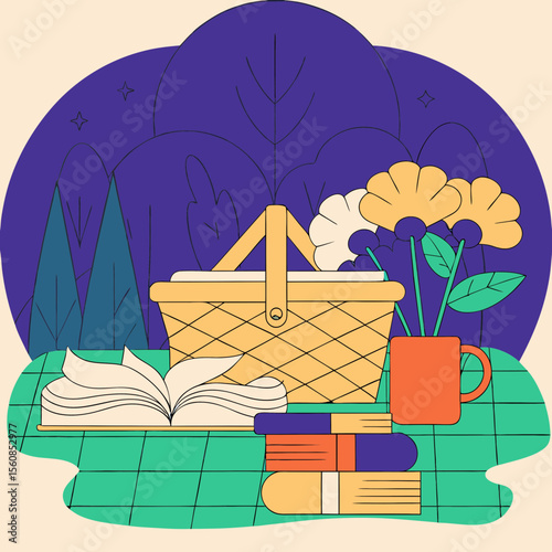 Cozy Picnic Scene with Books, Flowers, and a Basket for Outdoor Leisure, Reading Blogs, Lifestyle Websites, Gardening Articles, and Relaxation Content  
