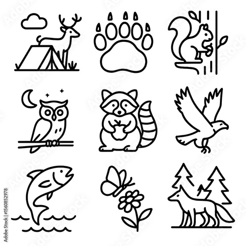 Nature Icons Collection. Outline style icons of Nature Encounters: deer near tent, bear print, squirrel in tree, owl at night,