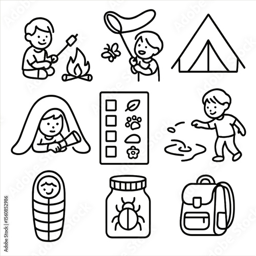 Kids Camping Icons. Outline style icons of Kids Camping Activities: roasting marshmallows, catching bugs, tent drawing, flashlight
