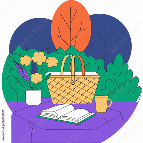 Picnic Scene with Basket, Flowers, and Book on a Table Surrounded by Nature for Lifestyle Blogs, Outdoor Activities, Wellness Articles, and Relaxation Websites  