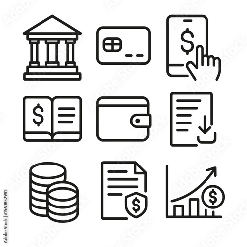 Banking Interface Icons. Outline style icons of Banking Interface: bank building, credit card chip, mobile payment, budget planner