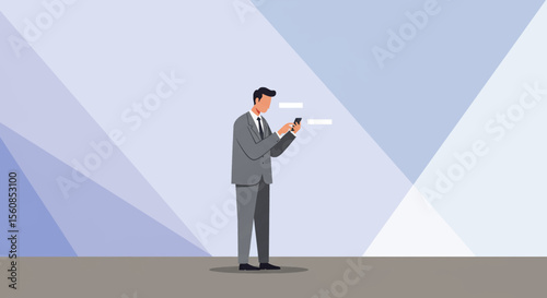 A man dressed in a suit is standing against a geometric background, focused on his smartphone. Suitable for landing page, banner, marketing, web design, presentation, infographic, etc.