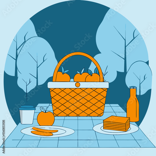 Picnic Scene with Basket of Apples, Plates, and Beverages Surrounded by Trees for Food Blogs, Healthy Lifestyle Websites, Outdoor Activity Articles, and Nature Awareness Content  