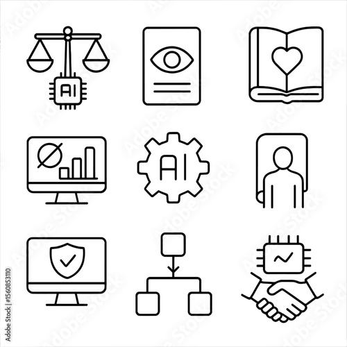 Ethical AI Icons. Outline style icons of Ethical AI and Governance: fairness scale with AI, transparency icon, ethical guidelines