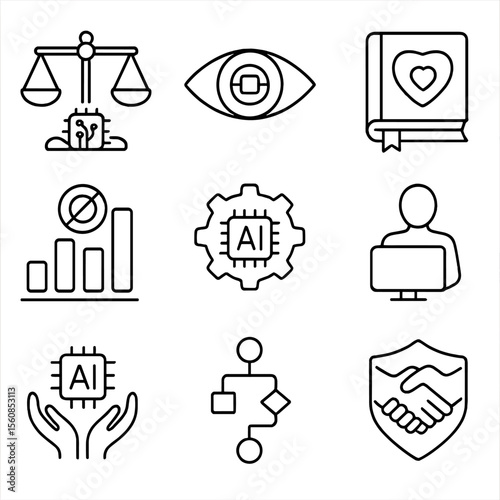 Ethical AI Icons. Outline style icons of Ethical AI and Governance: fairness scale with AI, transparency icon, ethical guidelines