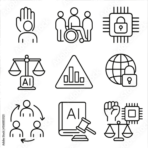 AI Ethics Icons. Outline style icons of AI Ethics and Society: human rights icon, inclusive design, tech regulation icon, AI