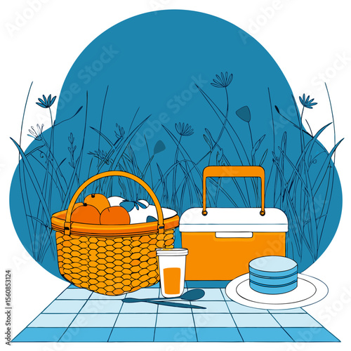 Picnic Scene with Woven Basket of Fruits and Cooler Against Floral Background for Outdoor Blogs, Recipe Websites, Healthy Eating Articles, and Lifestyle Content  