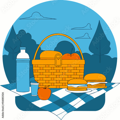 Picnic Basket with Food and Drinks on Checkered Blanket Surrounded by Nature for Outdoor Dining Blogs, Family Gatherings, and Summer Activities  