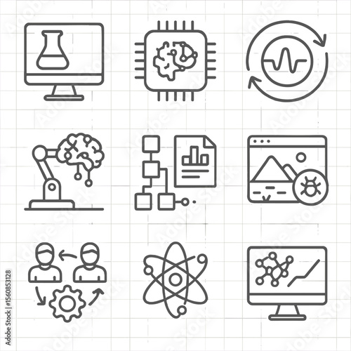 Intelligence Simulation Icons. Outline style icons of Intelligence Simulation: virtual lab icon, model test chip, simulation cycle
