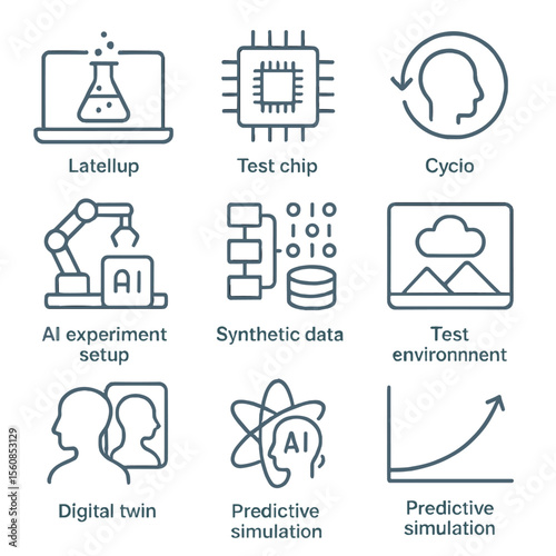 Intelligence Simulation Icons. Outline style icons of Intelligence Simulation: virtual lab icon, model test chip, simulation cycle