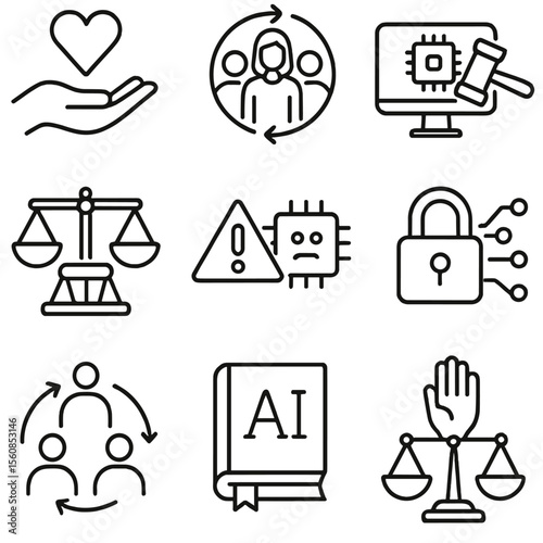 AI Ethics Icons. Outline style icons of AI Ethics and Society: human rights icon, inclusive design, tech regulation icon, AI