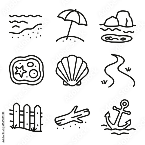 Outline Beach Icons. Outline style icons of Beach and Shoreline: sand and waves, beach umbrella, shoreline rock, tide pool,