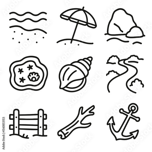 Outline Beach Icons. Outline style icons of Beach and Shoreline: sand and waves, beach umbrella, shoreline rock, tide pool,