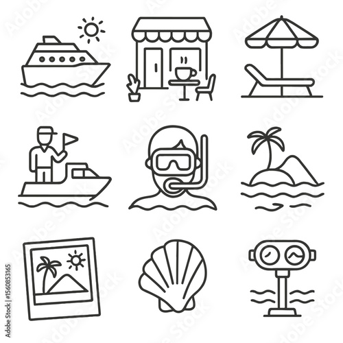 Coastal Tourism Icons. Outline style icons of Coastal Tourism: cruise icon, seafront café, beach resort umbrella, guided sea tour,
