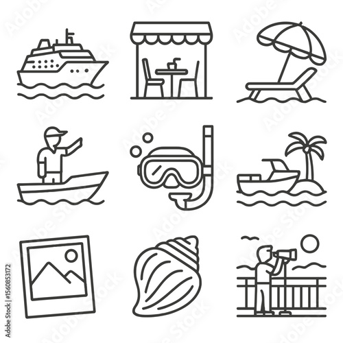 Coastal Tourism Icons. Outline style icons of Coastal Tourism: cruise icon, seafront café, beach resort umbrella, guided sea tour,
