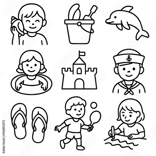 Children's Ocean Icons. Outline style icons of Children and Ocean Themes: child with seashell, beach bucket icon, dolphin toy,