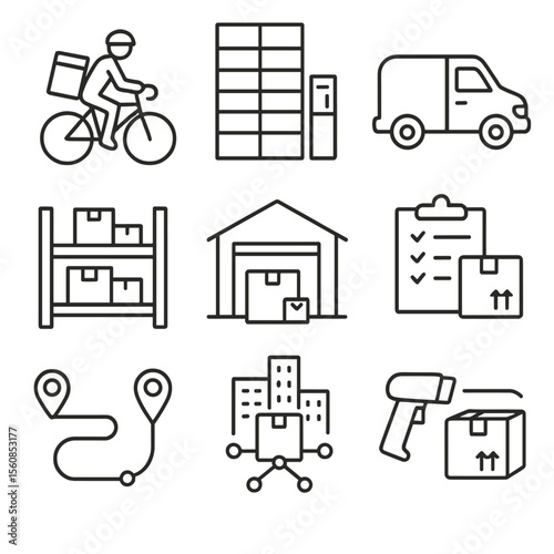Urban Logistics Icons. Outline style icons of Urban Logistics: courier on bike, delivery locker, last-mile van, warehouse shelves,