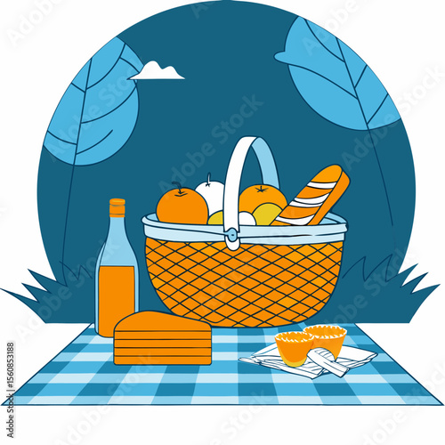 Picnic Basket Filled with Fruits and Breads on Blue Checkered Cloth in a Serene Outdoor Setting for Lifestyle Blogs, Morning Wellness Articles, and Relaxation Content  