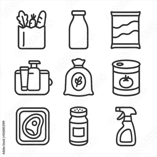 Grocery Icons Collection. Outline style icons of Grocery and Essentials: vegetable bag, milk bottle, snack pack, toiletry kit,