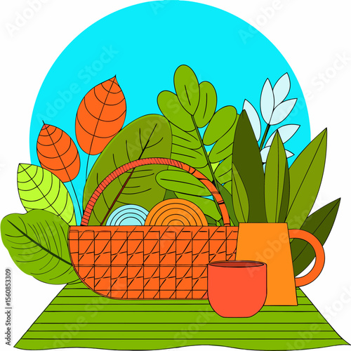 Cozy Picnic Basket Surrounded by Vibrant Leaves and Plants on a Bright Background for Lifestyle Blogs, Nature Websites, Relaxation Articles, and Outdoor Events  