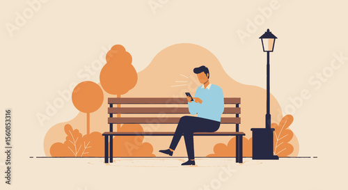 A man is seated on a park bench, engrossed in his phone, with a lamp post and trees in the background. Suitable for landing page, banner, marketing, web design, presentation, infographic, etc.