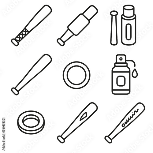 Baseball Bat Customization Icons. Outline style icons of Baseball Bat Customization: bat grip wrap, weighted sleeve, pine tar
