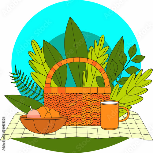 Colorful Picnic Basket with Fresh Fruits and Beverage Surrounded by Tropical Leaves for Summer Lifestyle Blogs, Outdoor Dining Websites, and Eco-Friendly Awareness Campaigns  