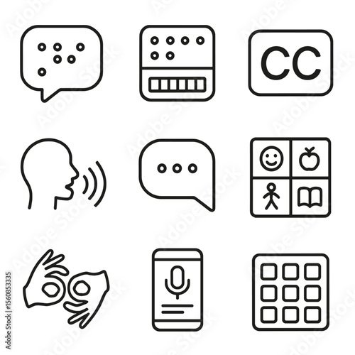 Inclusive Communication Icons. Outline style icons of Inclusive Communication Tools: speech bubble with braille, tactile display,