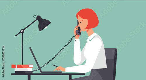 a woman with red hair engaged in a phone call while seated at a desk with a laptop and a lamp, all Suitable for landing page, banner, marketing, web design, presentation, infographic, etc.