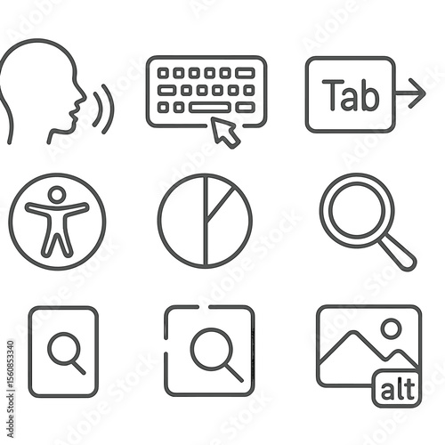 Digital Accessibility Icons. Outline style icons of Digital Accessibility Tools: screen reader icon, keyboard navigation, tab key