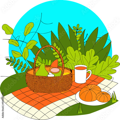 A Vibrant Picnic Basket with Fruits and Cup on a Checkered Blanket Amidst Lush Greenery for Outdoor Blogs, Lifestyle Websites, Wellness Articles, and Social Media Content  