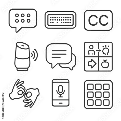 Inclusive Communication Icons. Outline style icons of Inclusive Communication Tools: speech bubble with braille, tactile display,