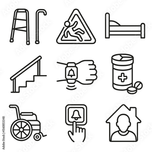 Elderly Accessibility Icons. Outline style icons of Elderly Accessibility: walker and cane, fall prevention icon, accessible bed,