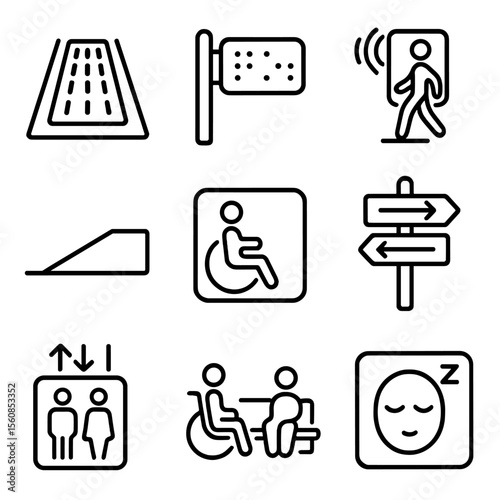 Inclusive Space Icons. Outline style icons of Inclusive Public Space: tactile ground path, braille street sign, talking crosswalk