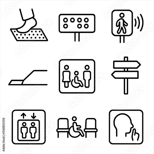 Inclusive Space Icons. Outline style icons of Inclusive Public Space: tactile ground path, braille street sign, talking crosswalk