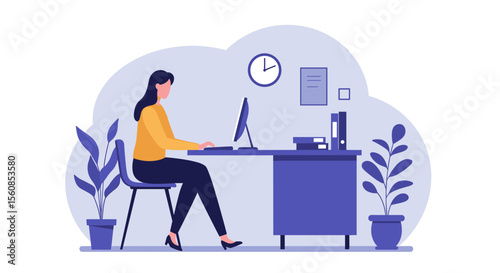 A woman is seated at a desk, working on a computer with a clock on the wall above her. Suitable for landing page, banner, marketing, web design, presentation, infographic, etc.