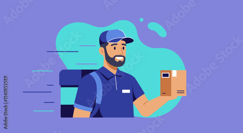 A swift delivery courier, depicted in a modern flat design illustration, quickly transports a package, ideal for e-commerce and marketing banners.