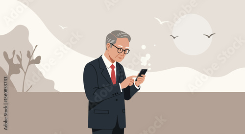 a man in a suit and tie is looking at his cell