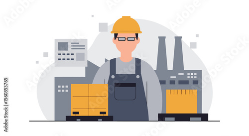 a construction worker wearing a hard hat and glasses standing in front of a factory with industrial equipment. Suitable for landing page, banner, marketing, web design, presentation, infographic, etc.