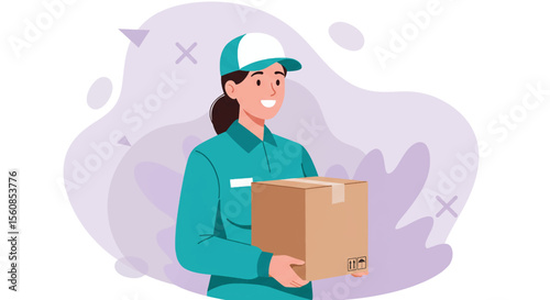 a delivery person wearing a blue uniform and a white cap, holding a cardboard box with a shipping label. Suitable for landing page, banner, marketing, web design, presentation, infographic, etc.