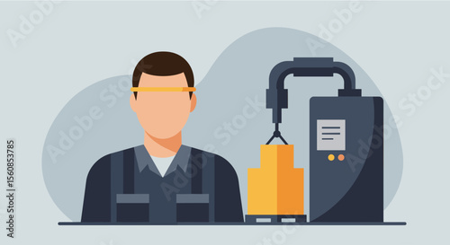 a man in a blue uniform standing next to a large industrial machine with a crane. Suitable for landing page, banner, marketing, web design, presentation, infographic, etc.