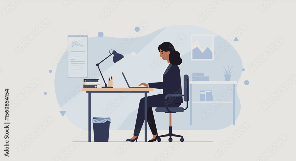 Fototapeta premium a woman sitting at a desk, working on a laptop with various office supplies and a plant in the background. Suitable for landing page, banner, marketing, web design, presentation, infographic, etc.