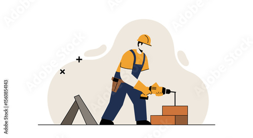 a construction worker in a hard hat and overalls using a power drill to work on a brick structure. Suitable for landing page, banner, marketing, web design, presentation, infographic, etc.