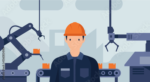 Modern factory worker in orange helmet overseeing automated robotic arms and conveyor belts in a clean, industrial production line.