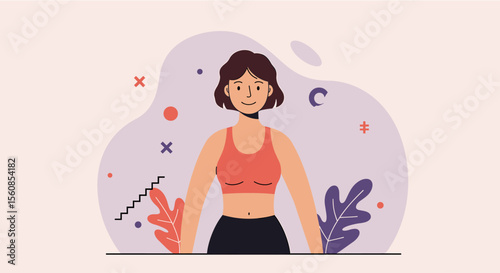 a woman with a radiant smile, wearing a sports bra and shorts. Suitable for landing page, banner, marketing, web design, presentation, infographic, etc.