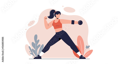 a woman in a fitness pose, with a ponytail and a sports bra. Suitable for landing page, banner, marketing, web design, presentation, infographic, etc.